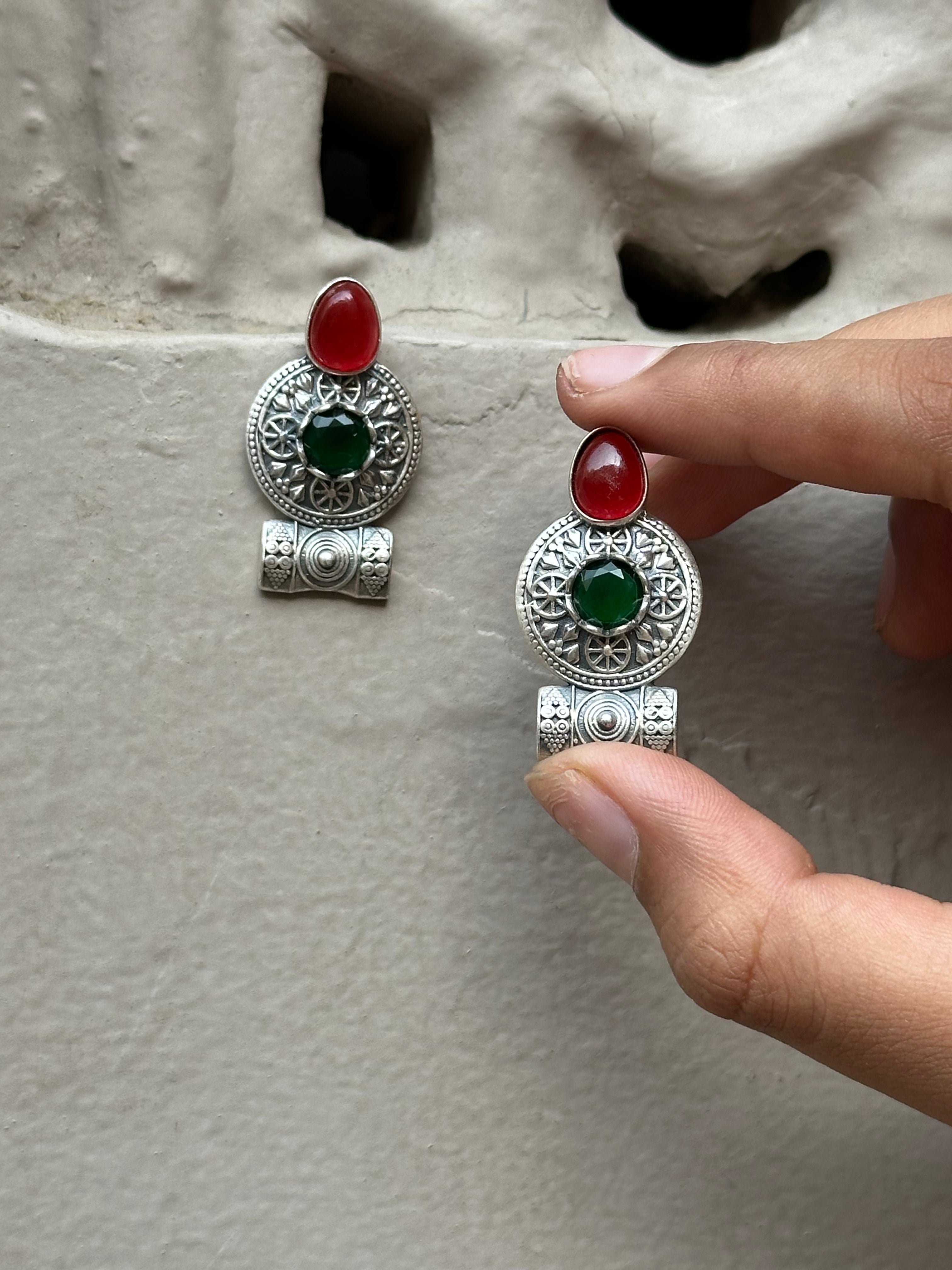 Handcrafted Tribal Silver Earrings with Stone Detailing